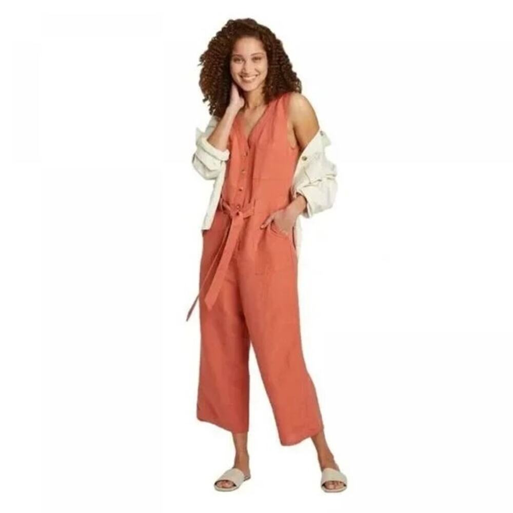 A NEW DAY Womens Sleeveless V Neck Jumpsuit Belt Sz XS Burnt Orange NWT